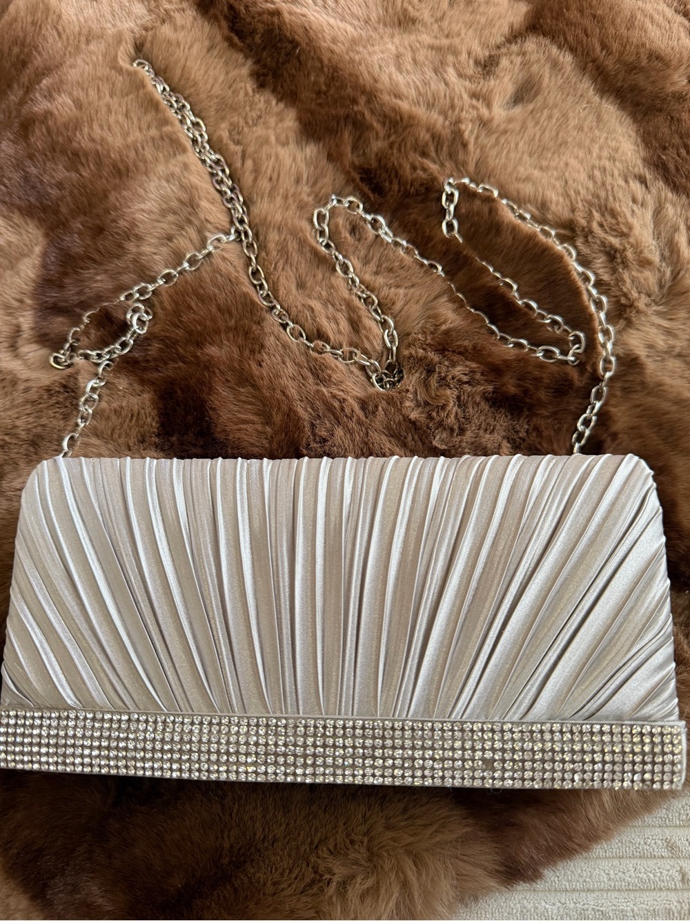 Jessica McClintock Elegant Silver Pleated Evening Clutch with Rhinestone Trim